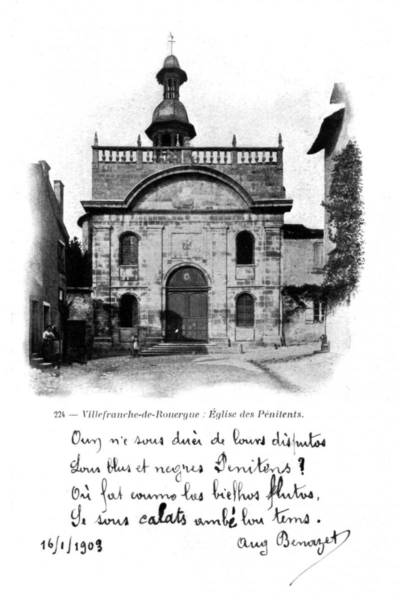  224 - Villefranche-de-Rouergue : Eglise des Pénitents. [Carte postale avec inscription manuscrite en occitan d'Auguste Benazet, 16 janvier 1903]